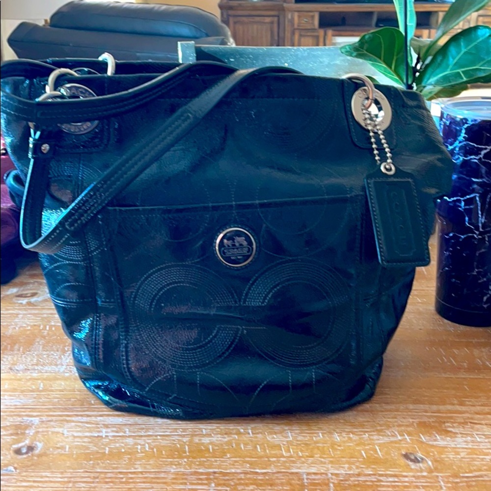 Coach Alex signature C stitch patent leather tote